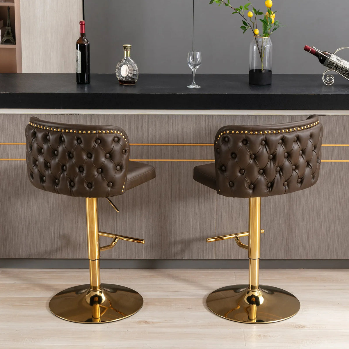 TWISTER.CK Swivel Bar Chairs PU Upholstered Bar Stools Gold Nailheads