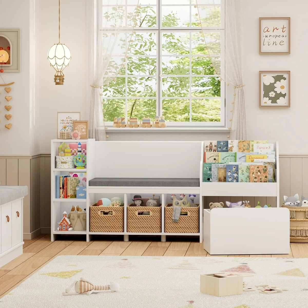 67"W Kids Reading Nook with Bookshelf, Toy Storage Organizer, White | Cushioned Bench & Large Movable Toy Storage Box on Wheels, 6 Open Cubbies for Ease Fetch, Kid Bookcase for Playroom, Kid Room