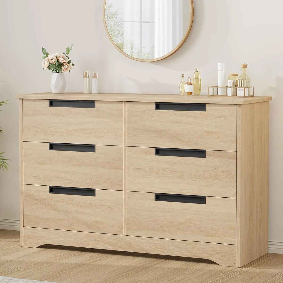 Modern Wooden Dresser With Six Drawers And Recessed Handles