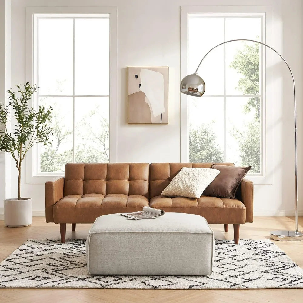 mopio 76.4" Mid Century Futon Sofa Bed PU Leather Loveseat Living Room Pecan Brown