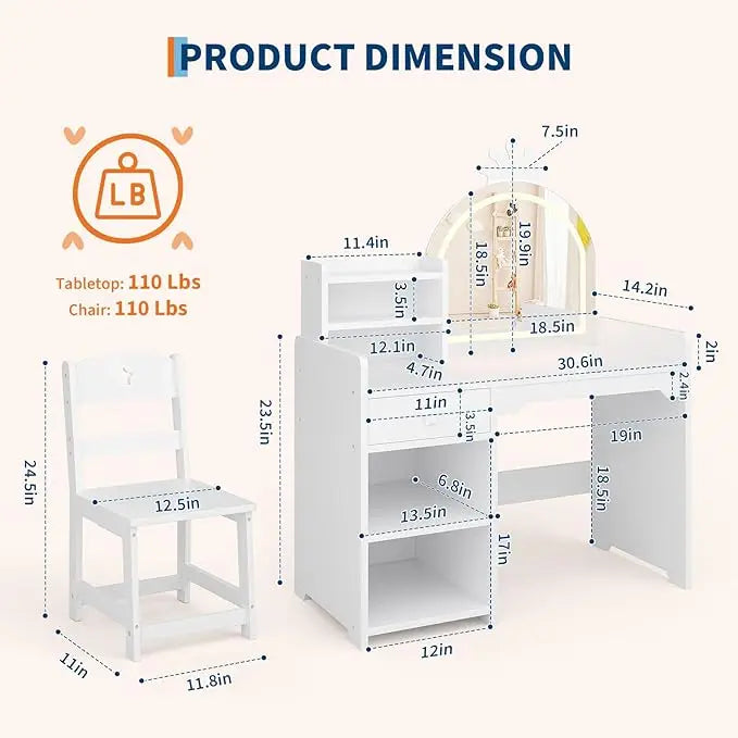 HiMISS Kids Vanity Desk Set With Lights Chair And Bookshelf