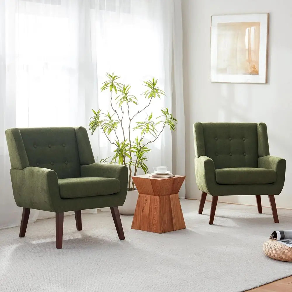 Upholstered Button Tufted Accent Chairs Set of Two Wooden Legs