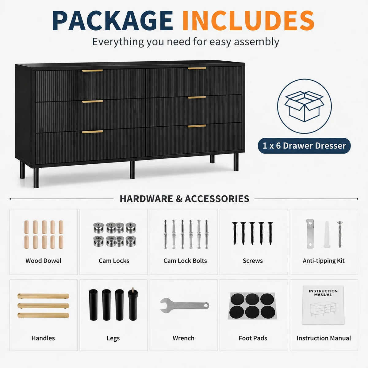 Fluted 6 Drawer Dresser with Metal Legs Wide Storage Cabinet Wood Chest of Drawers Anti Tipping Design Bedroom Living Room Hallway Organizer