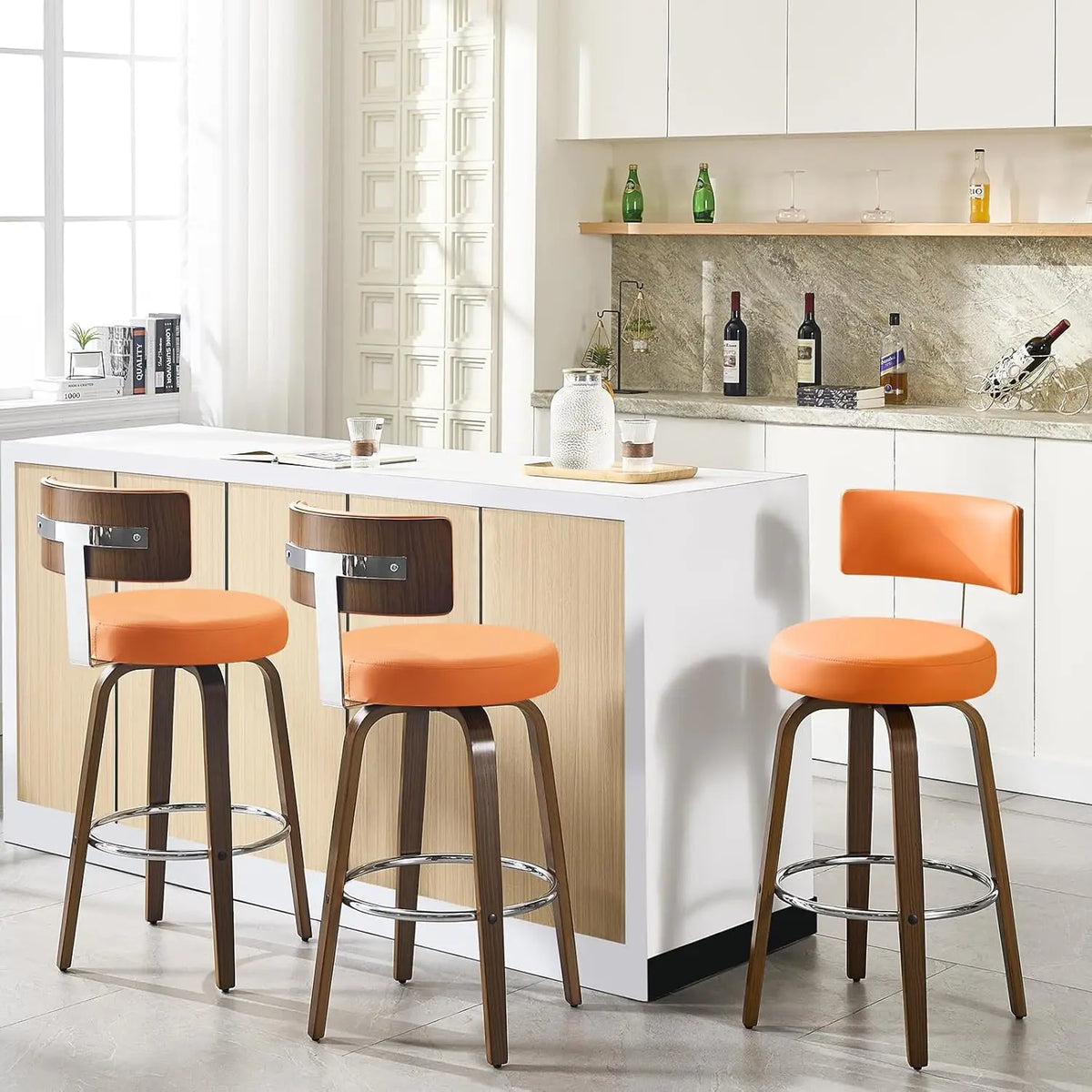 Swivel Counter Stools Set 3 Faux Leather Kitchen Barstool with Back Walnut Wood Legs 26" Seat White, Custom