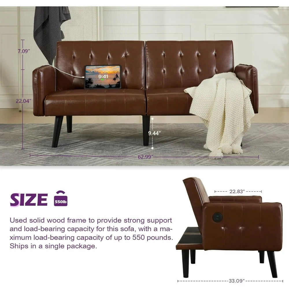 Tyboatle Convertible Faux Leather Futon Sofa Bed With USB Ports