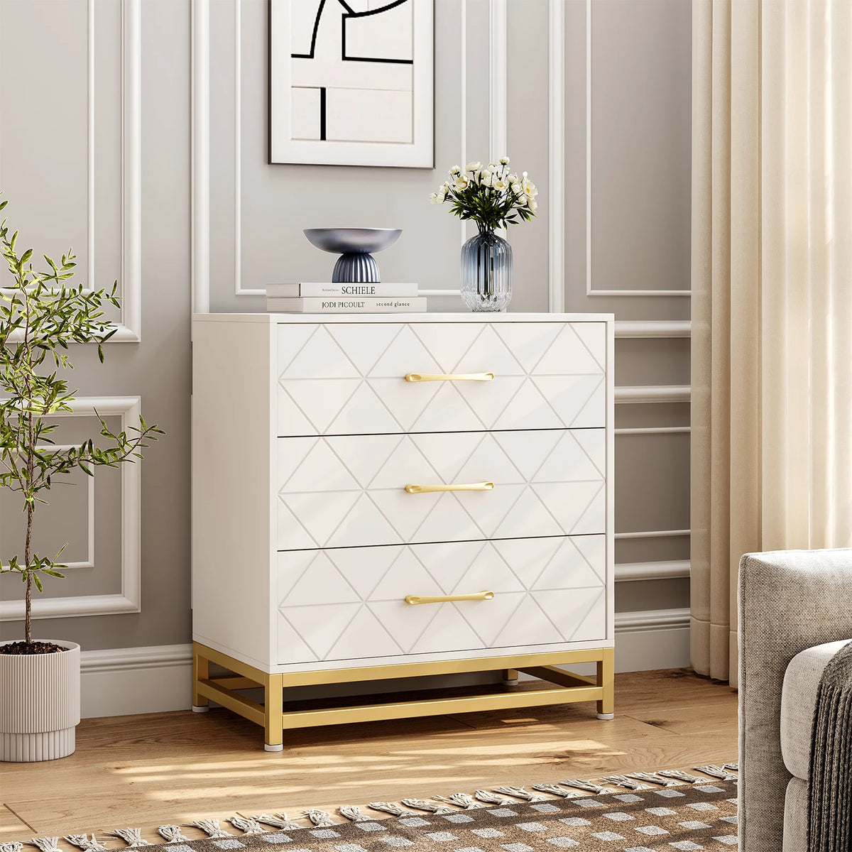 GAOMON Modern Three Drawer Dresser Chest For Bedroom Storage