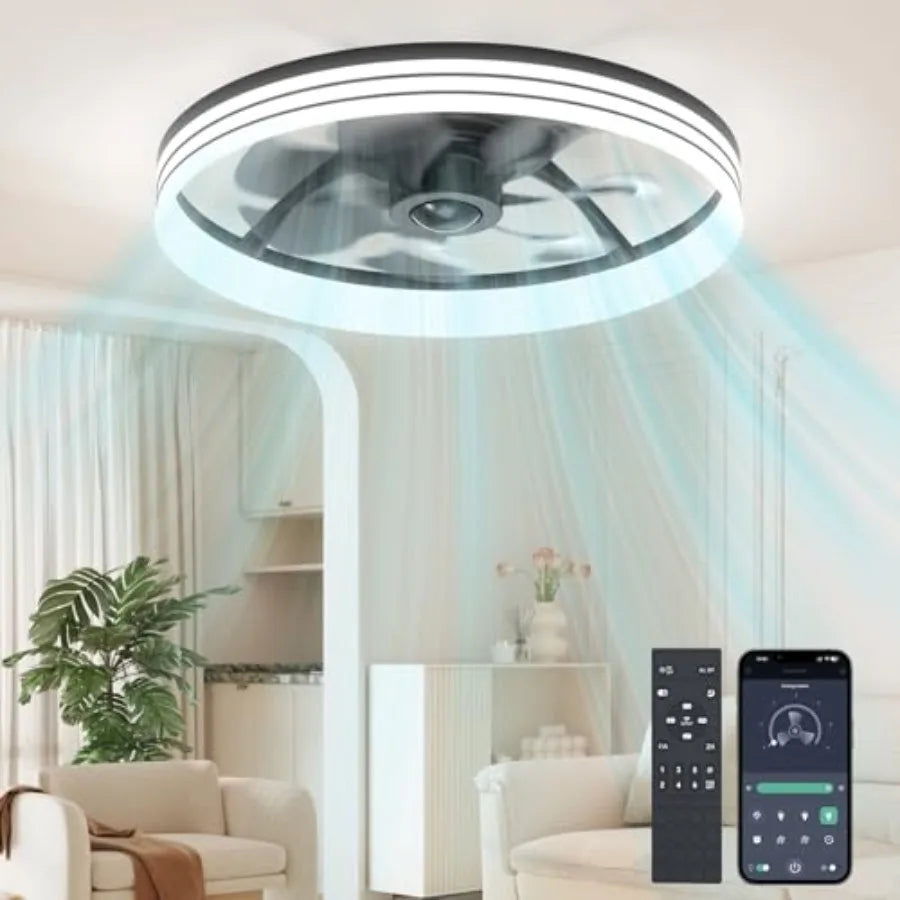 Ceilg Fans with Lights and Remote, 19.7" Low Profile Ceiling Fan, Modern Flush Mount LED Fan Light, 6 Wd Speeds Fandelier Ceilg
