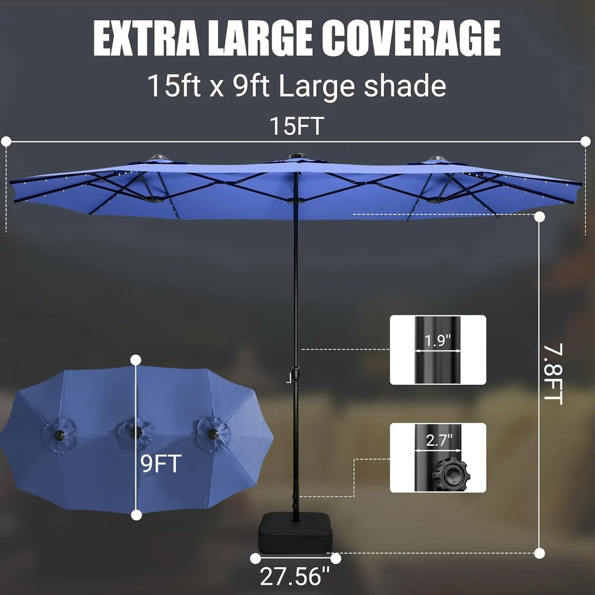 15FT Large Patio Patio Umbrella with Base & Solar LED Lights - Double-Sided, Customized
