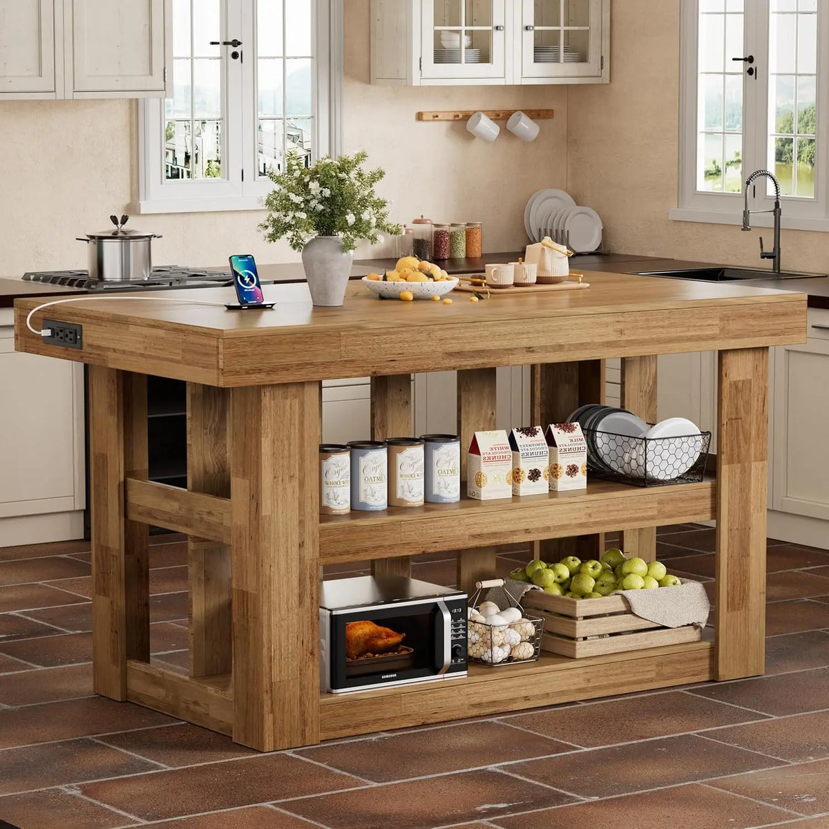 Kitchen Island With Storage And Power Outlets 3-Tier Wood Table