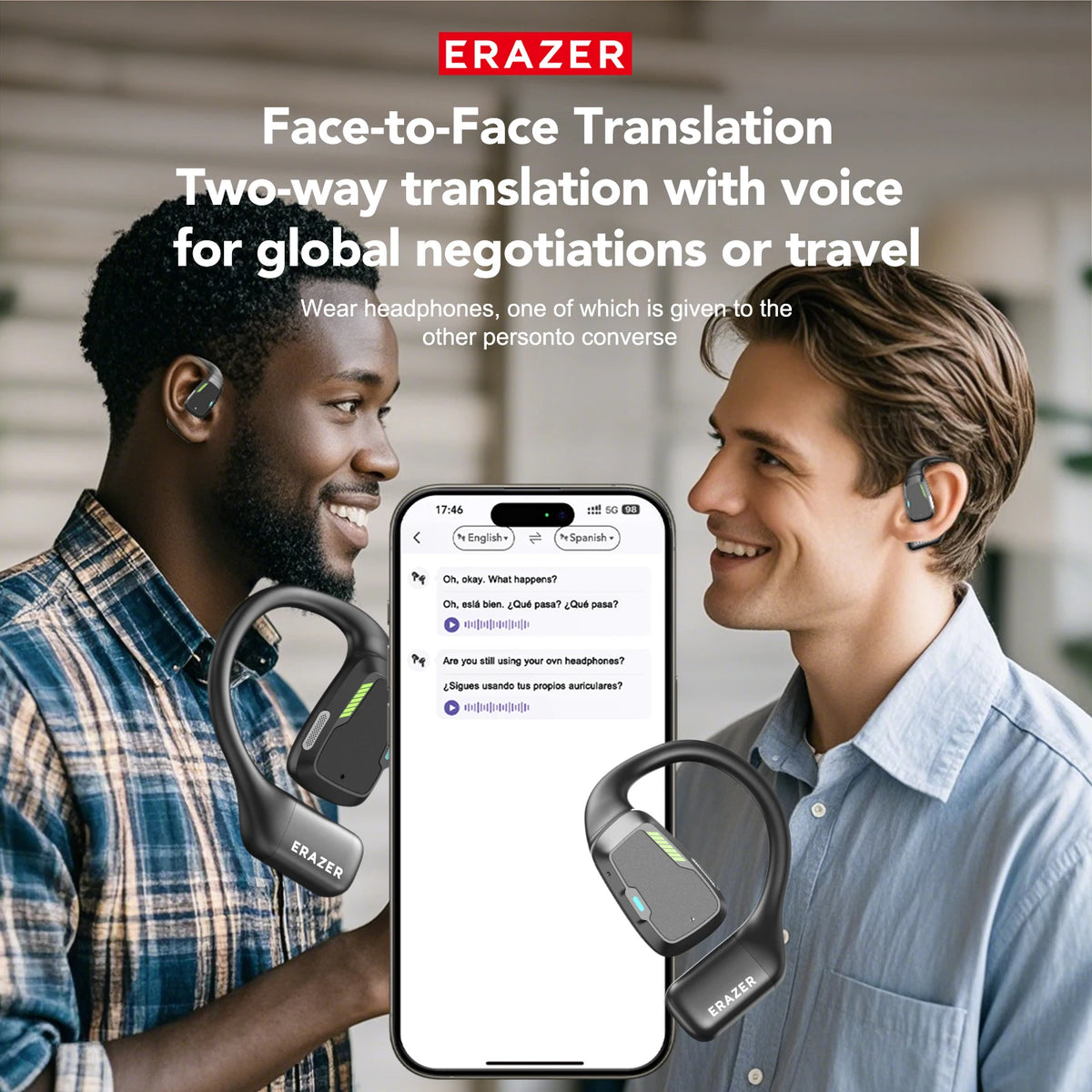 Headphones Bluetooth V6.0 ERAZER XP6 Ai Translator Wireless Earphones HD LCD Display Low latency Extremely Comfortable for Music