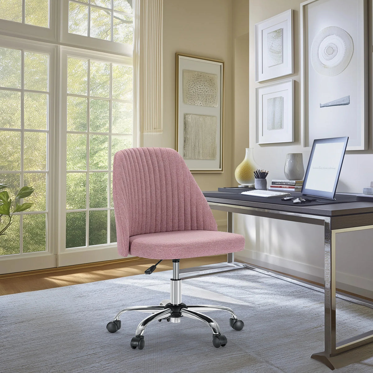 MCQ Armless Ergonomic Fabric Office Chair with 360° Swivel Rolling Adjustable Height Gaming Racing Chair For Home Office