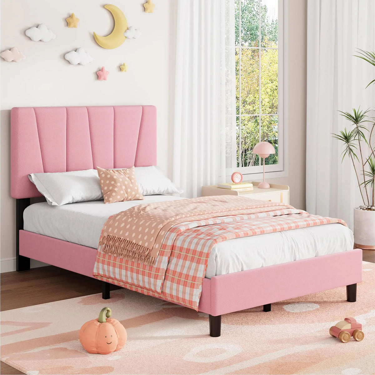 Upholstered Platform Bed Frame With Adjustable Channel Tufted Headboard