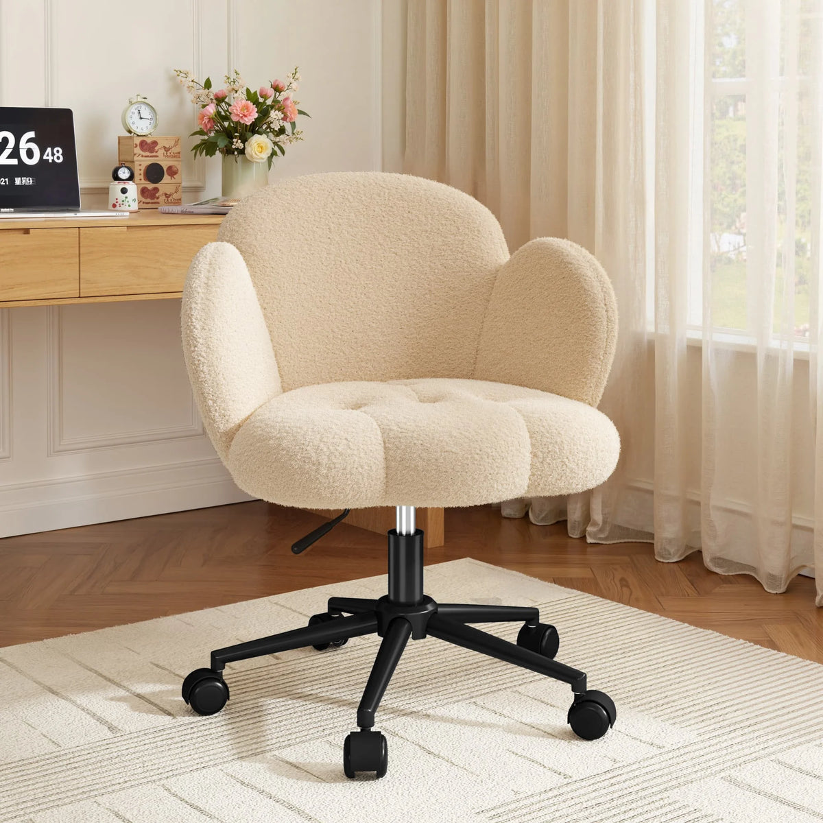 EnHomee Petal Vanity Chair with Wheels, Aesthetic Height Adjustable 360°Swivel Desk Chair, 3.5" Thick Comfy Backrest Task Chair for Bedroom Living Room