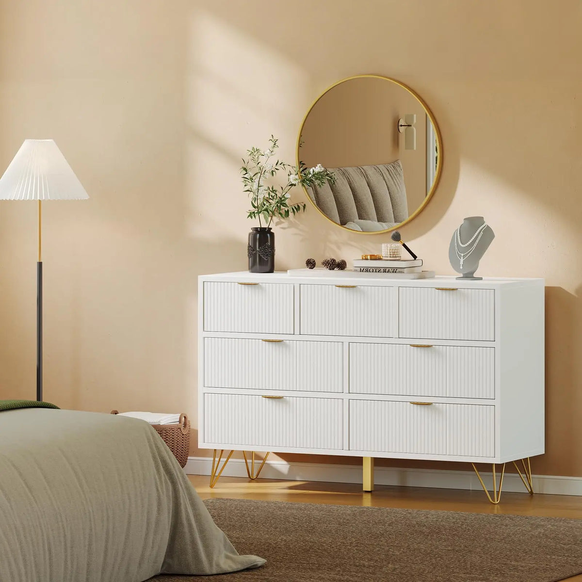 47.2 Inch 7 Drawer Dresser For Bedroom, Modern White Chest Of Drawers With Gold Metal Legs, Narrow Storage Cabinet For Entryway