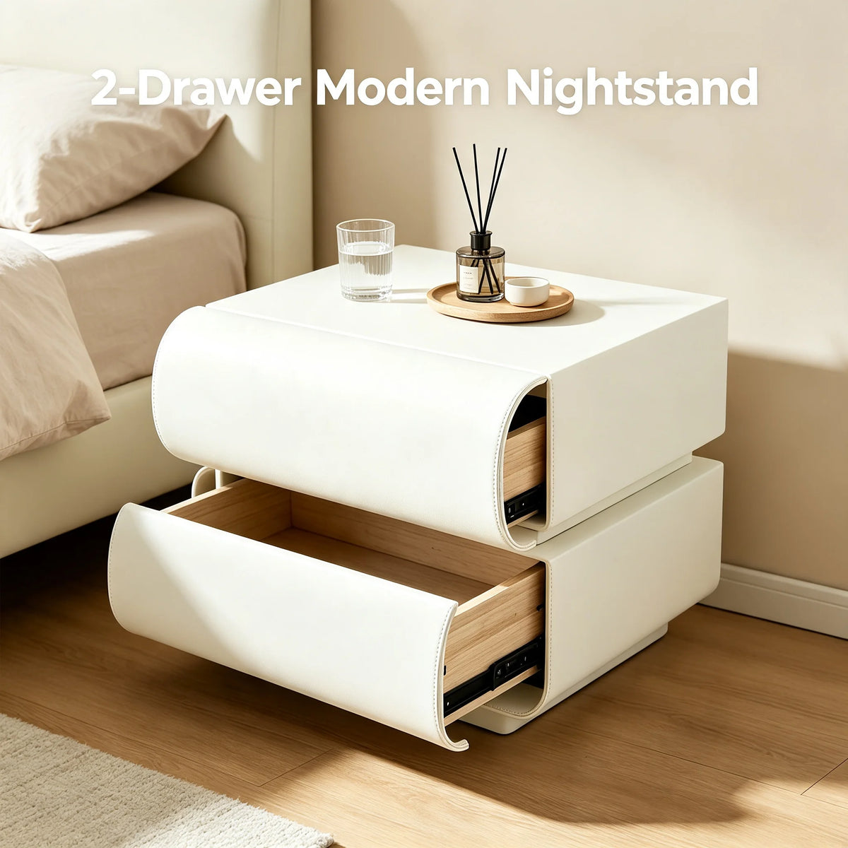 2-Drawer Modern Nightstand with Microfiber Leather Finish, Minimalist Bedside End Table 19.7x15.7x15.7in for Bedroom Living Room, Creamy White
