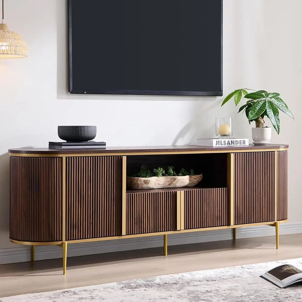 Modern Fluted TV Stand With Faux Marble Top And Storage