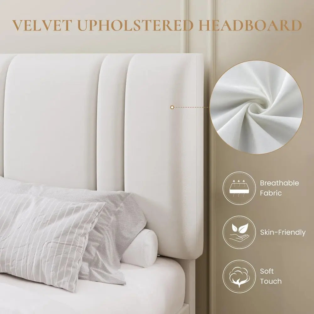 XMSJ Velvet Upholstered Bed Frame With Adjustable Headboard Traditional Style