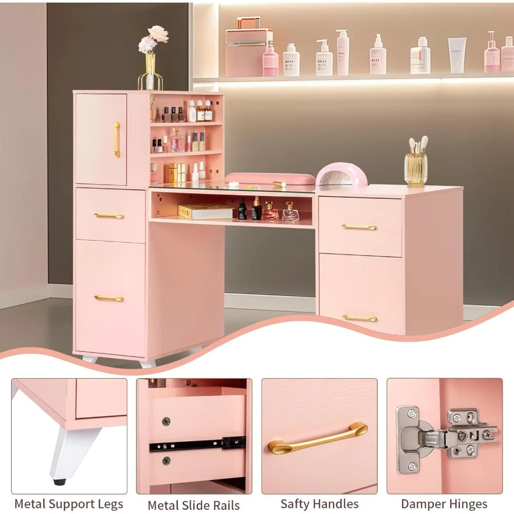 USA Shipping Manicure Table Nail Desk with Glass Top and Wrist Rest, Nail Station, Beauty Salon Nail Supplies