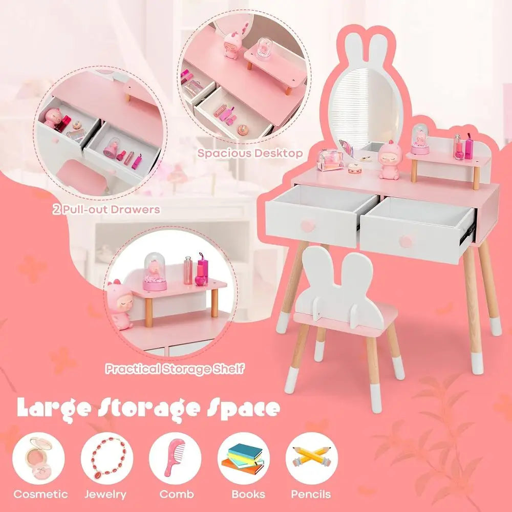 KOTEK Kids Vanity Set with Mirror, Wooden PrincMakeup Dring Table with Stool, 2 Storage Ders & Display Shel, Kids Vanity Table a