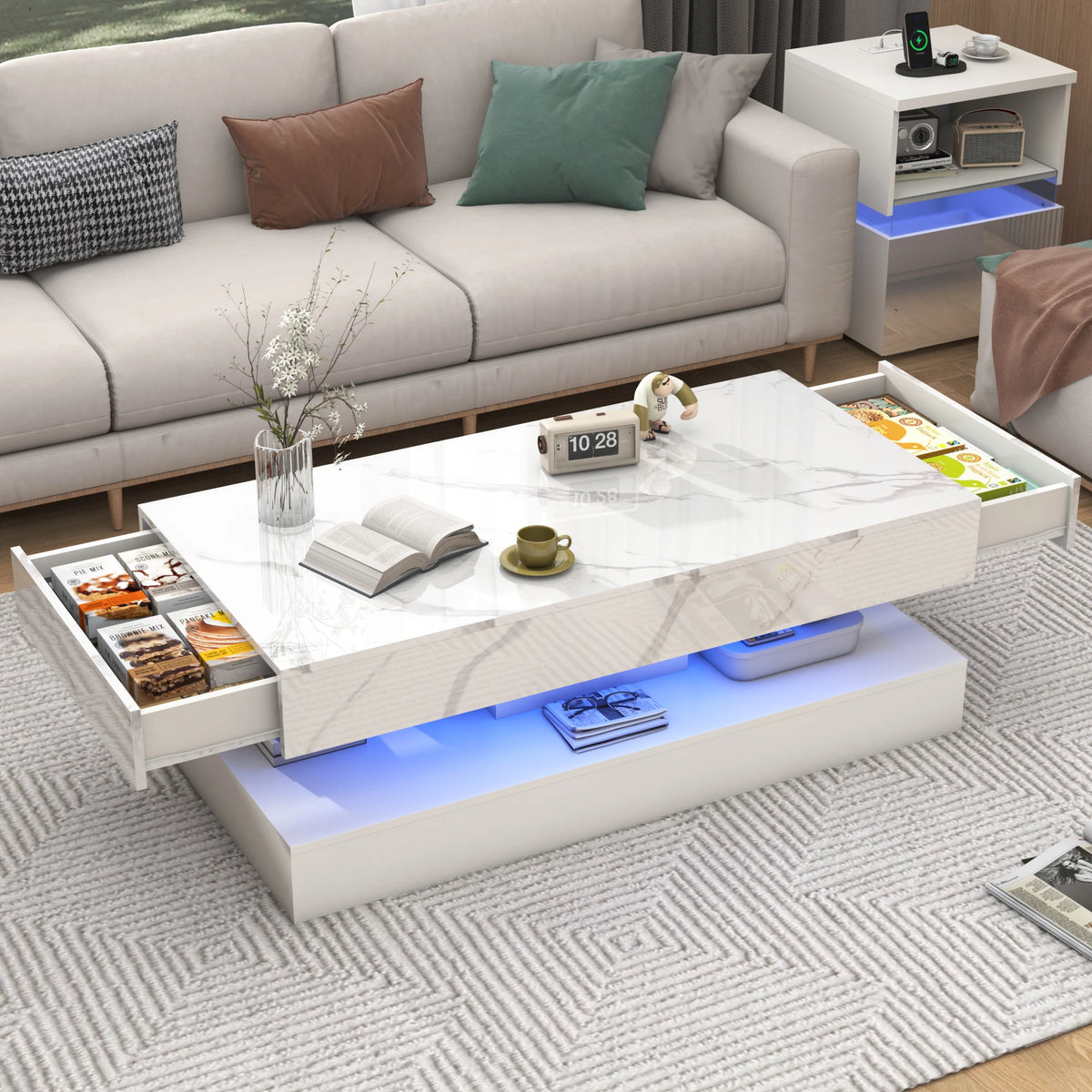 QiaoShiRen Modern LED Coffee Table with Double Layer Storage