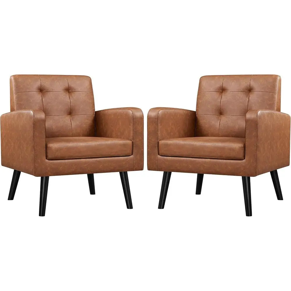 PU Leather Upholstered Armchair With Tufted Back And Wood Legs
