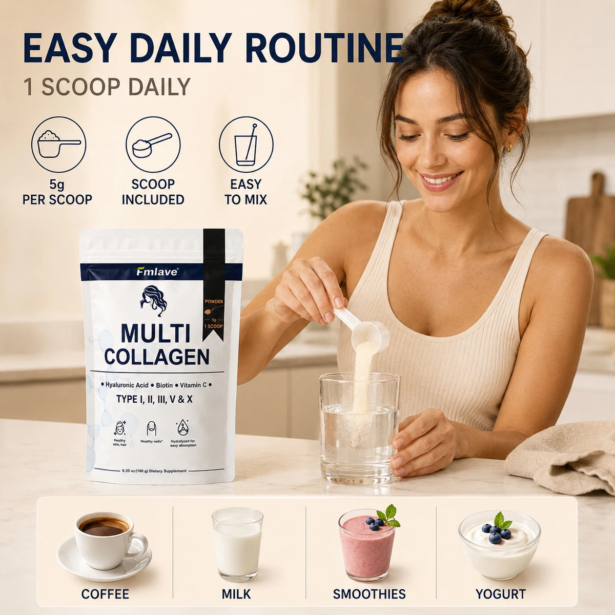 FMLAVE Multi Collagen Peptides Powder With Biotin And Hyaluronic Acid Unflavored