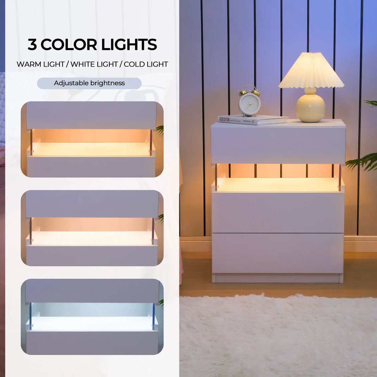 Cubehom Bedside Tables Set With LED Lighting And 3 Drawers