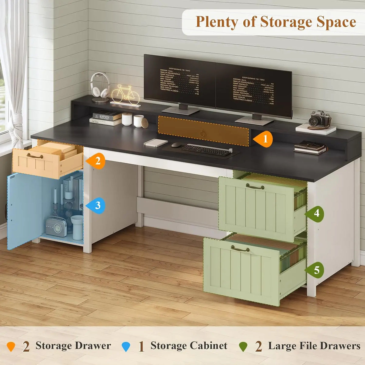 Farmhouse Executive Desk With File Drawers Monitor Stand And Storage
