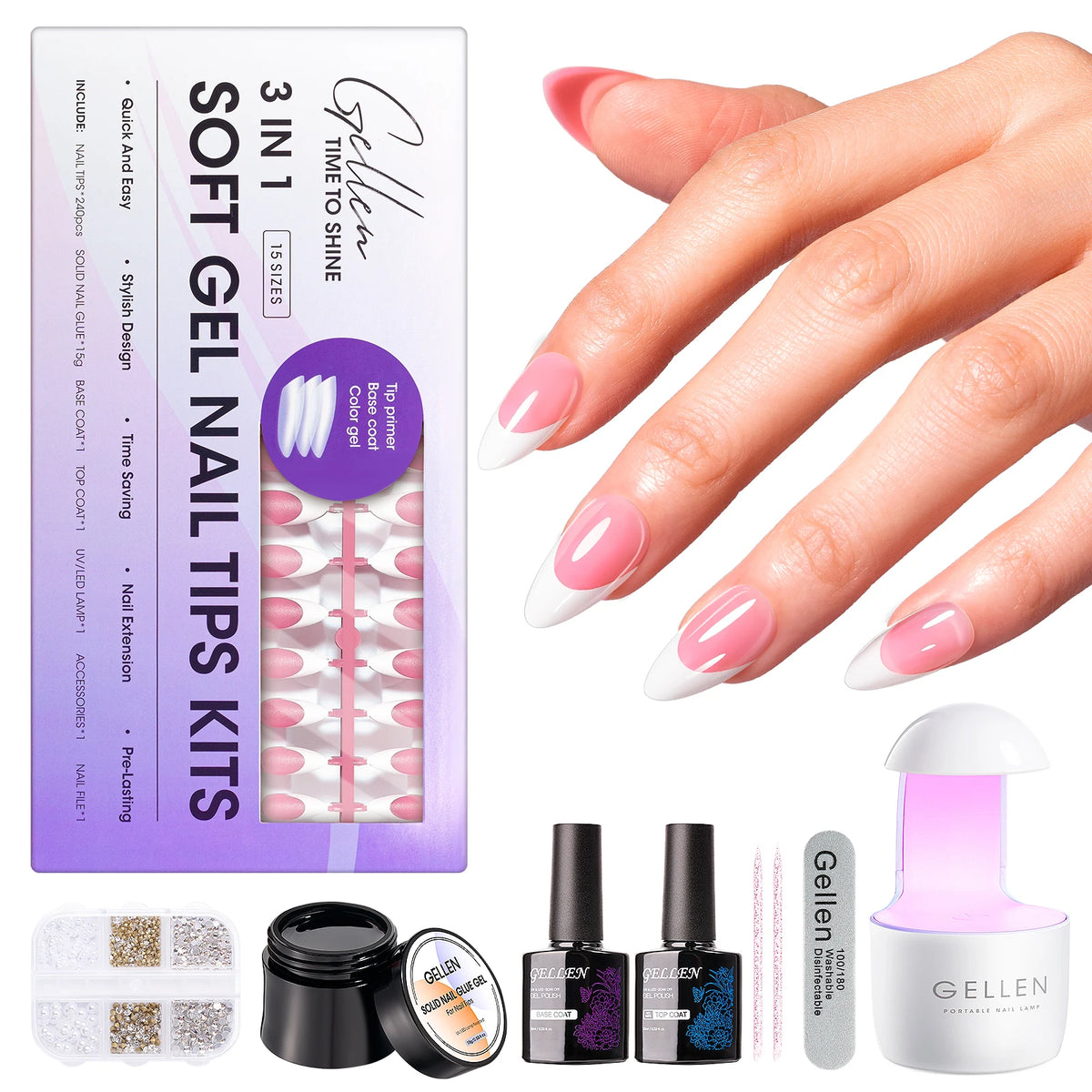 GELLEN Gel Nail Kit With Press On Nails French Tip UV Lamp
