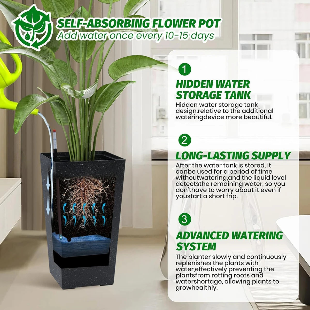 TWISTER.CK Rectangular Planters With Drainage Holes And Water Level Monitor