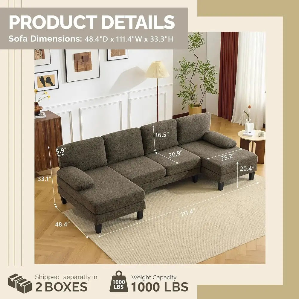 U Shaped Sectional Couch With Two Chaise Lounges And Chenille Upholstery