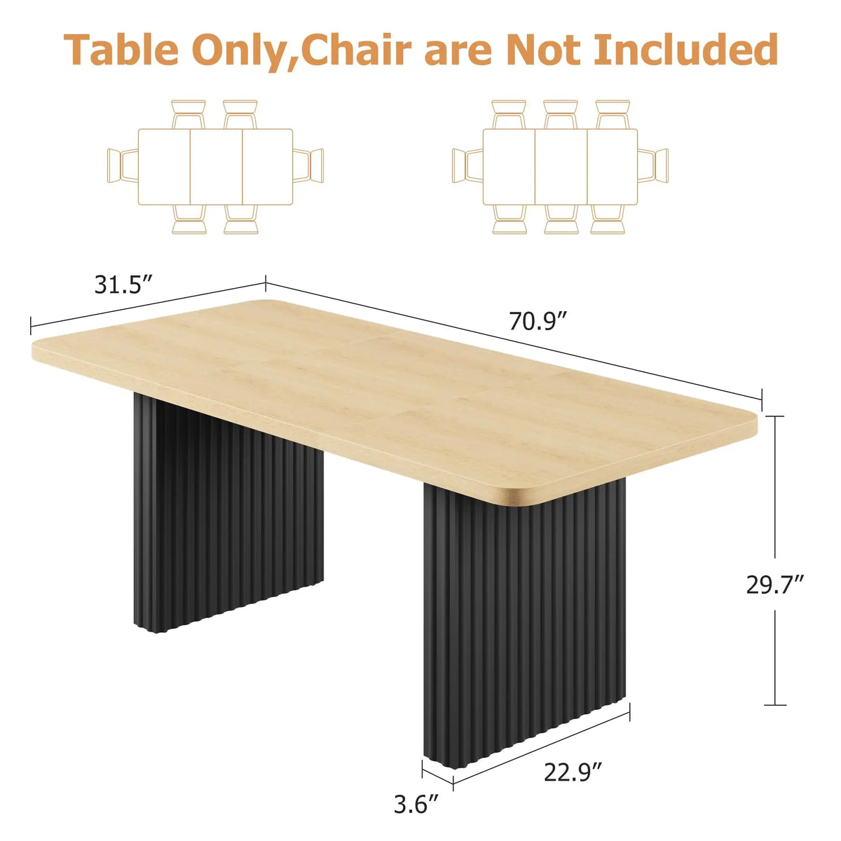 71 Inch Industrial Dining Table For 6-8, Farmhouse Rectangular Kitchen Table With Rustic Wood Top And Black Fluted Metal Legs