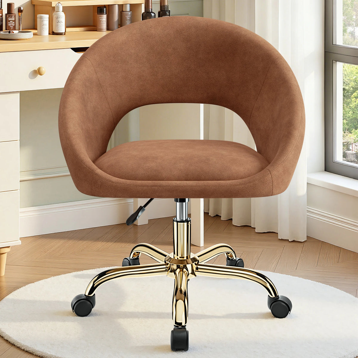 KERDOM Vanity Chair with Adjustable Swivel Wheels, Velvet Home Office Desk Chair with Hollow Back, Accent Armchair with Gold Base, Criss Cross Chair with Upholstered Back for Home Office, Living Room, Bedroom and Study, Beige