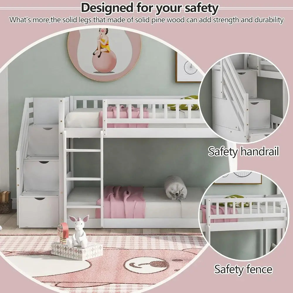 Lism Twin Over Twin Bunk Bed With Slide And Storage For Kids