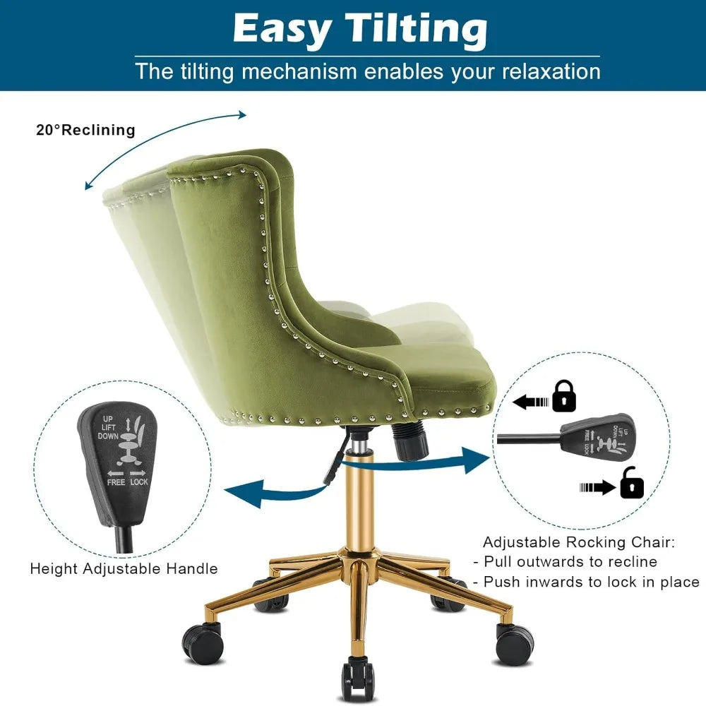 VINGLI Small Cute Green Velvet Office Desk Chair Gold Base Adjustable Swivel Armless Makeup Vanity Chair For Women Girls