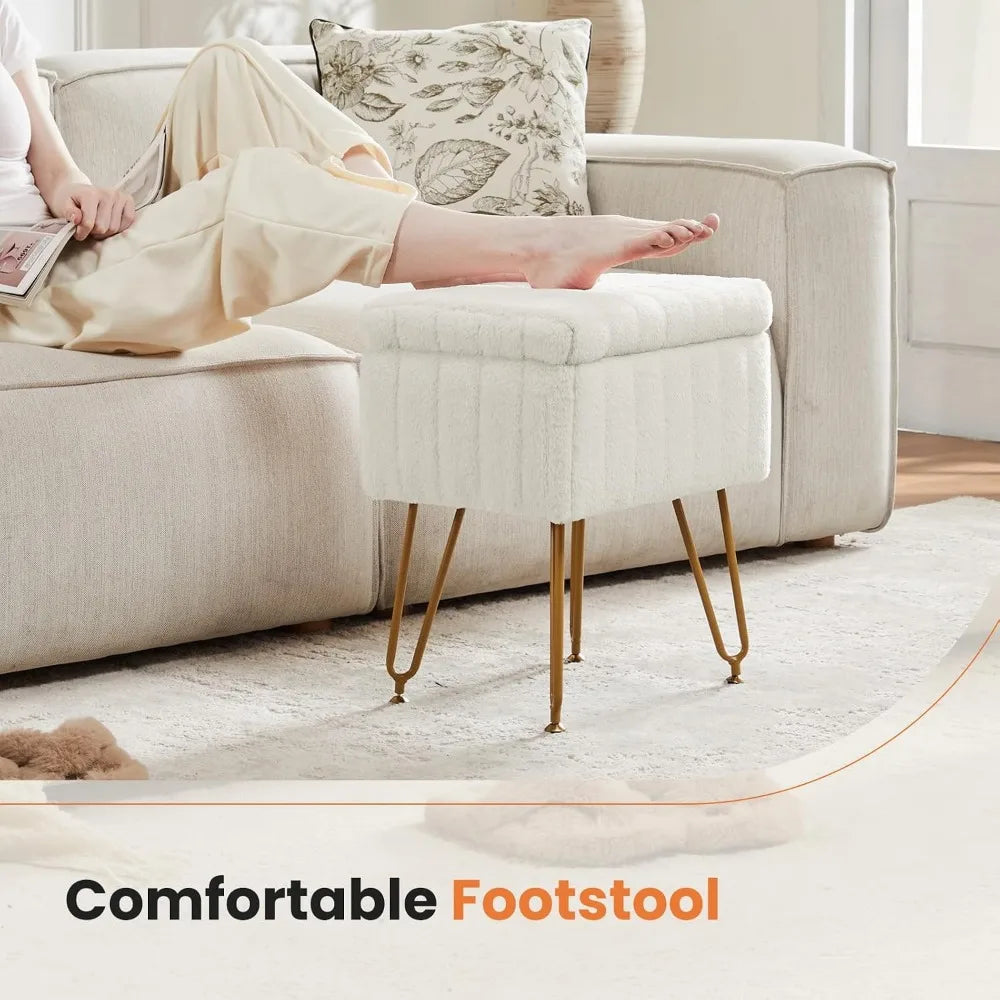 Storage Ottoman Chair With Faux Fur Seat And Metal Legs