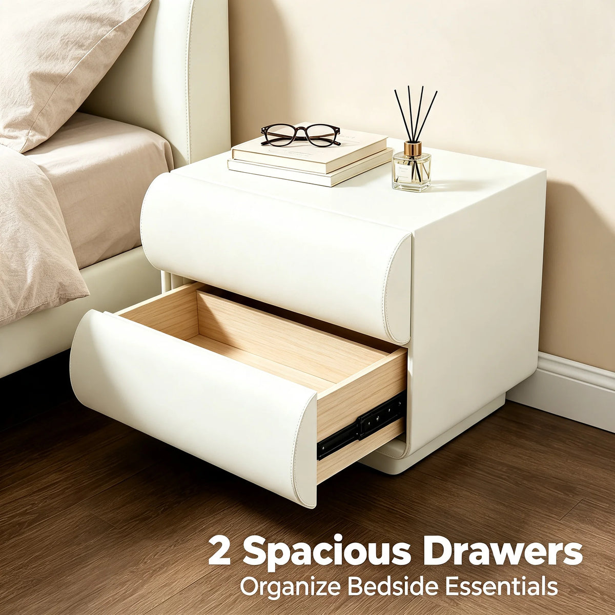 2-Drawer Modern Nightstand with Microfiber Leather Finish, Minimalist Bedside End Table 19.7x15.7x15.7in for Bedroom Living Room, Creamy White