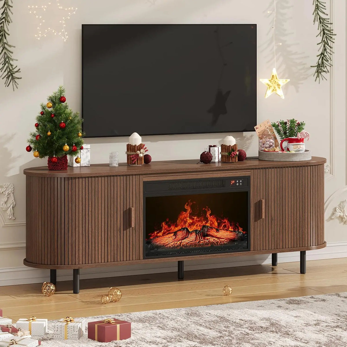ONBRILL Fluted Electric Fireplace TV Stand With Sliding Doors