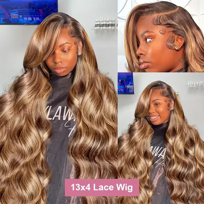 P4/27 Highlight  Brown Body Wave 13x6 Human Hair Wig Honey Blonde Colored 13x4 HD Lace PrePlucked 40 46 Inch Wigs For Women
