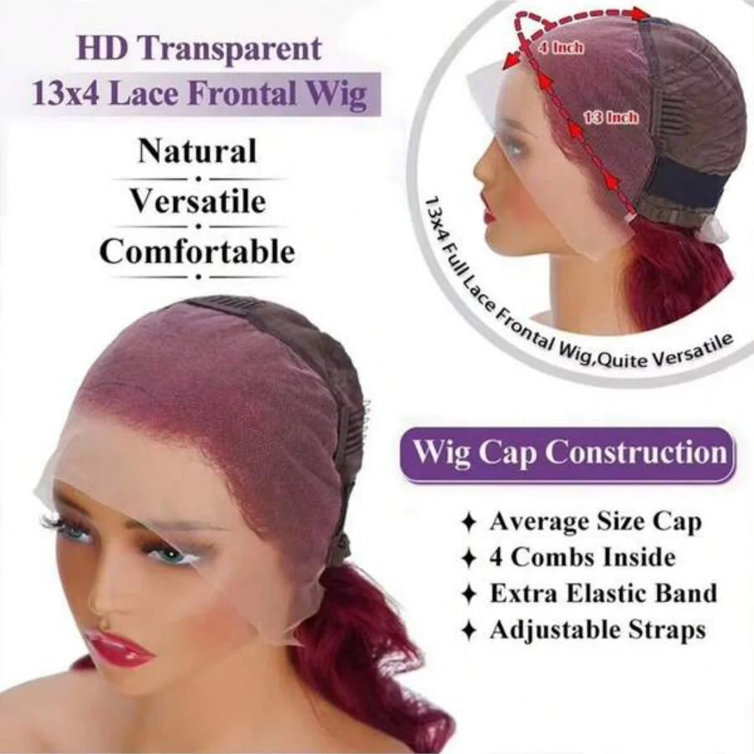 250% Density 32 Inch Pre Plucked Curly Burgundy Lace Front Wig 13x4 Deep Wave HD Transparent Lace Wig Colored Hair Wig For Women