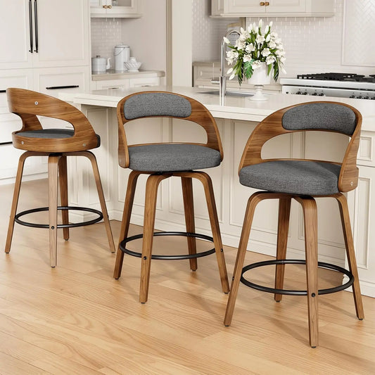 26in Bentwood Counter Stools Set 3 PU Leather Swivel Bar Chair with Back Footrest Kitchen Cafe Dining, Custom