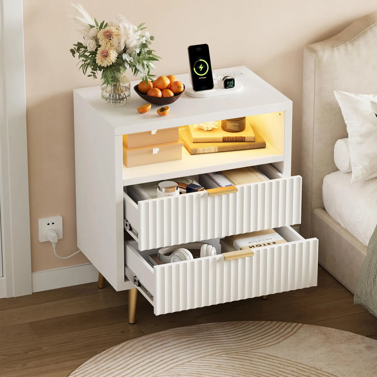 23.6 Inch Nightstand With Charging Station, RGB LED Light, 2 Drawers, Open Shelf, 3 AC Outlets And 2 USB Ports For Bedroom Dorm