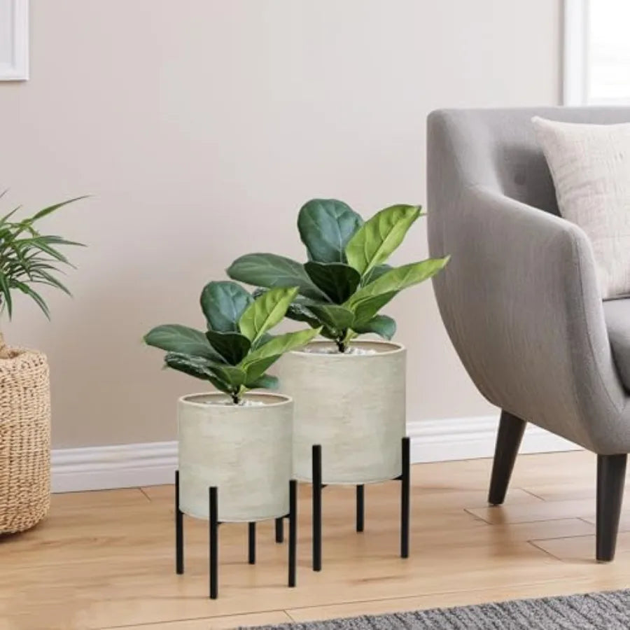 Modern Plant Pots, Set of 2 Large Metal Planters with Stand for Living Room, Office, Garden or Balcony, 8.25 10.5 Inch, Black,
