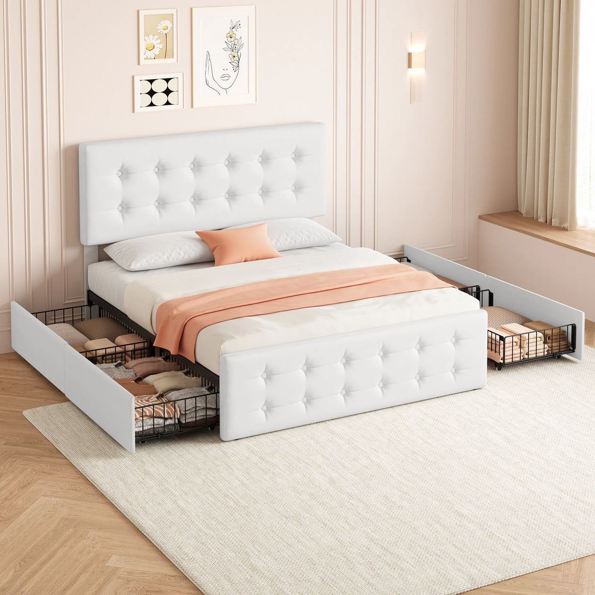 GAOMON Upholstered Platform Bed Frame With Storage Drawers