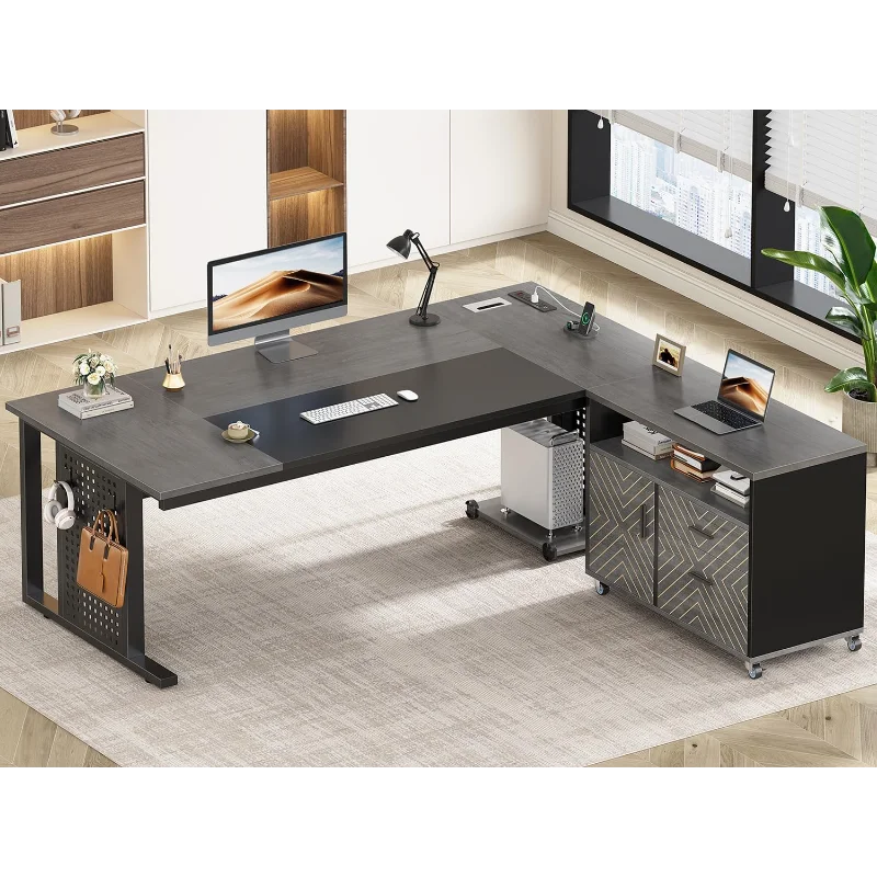 Cavandon Modern Executive Office Desk With Rolling File Cabinet