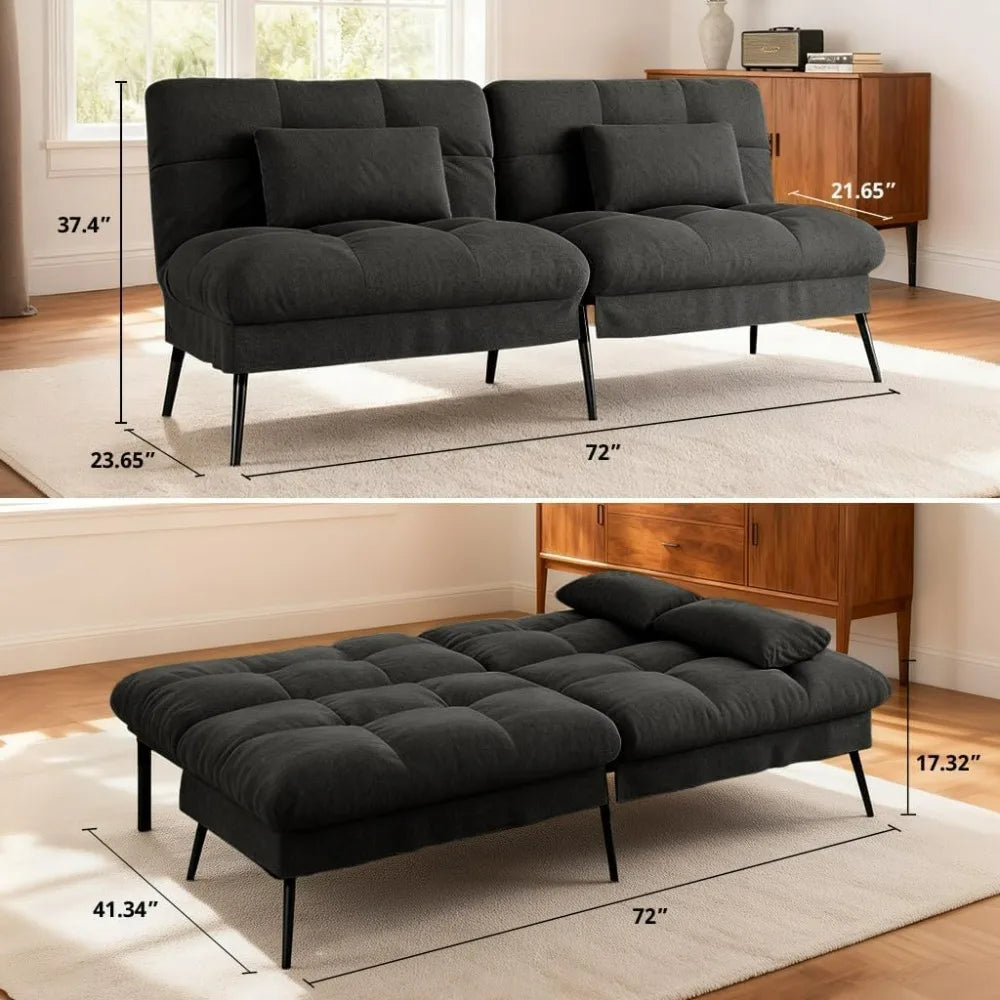 72 Inch COMHOMA Futon Sofa Bed - Fabric Convertible Couch Adjustable Backrest Folding Sleeper Recliner for Living Room Black