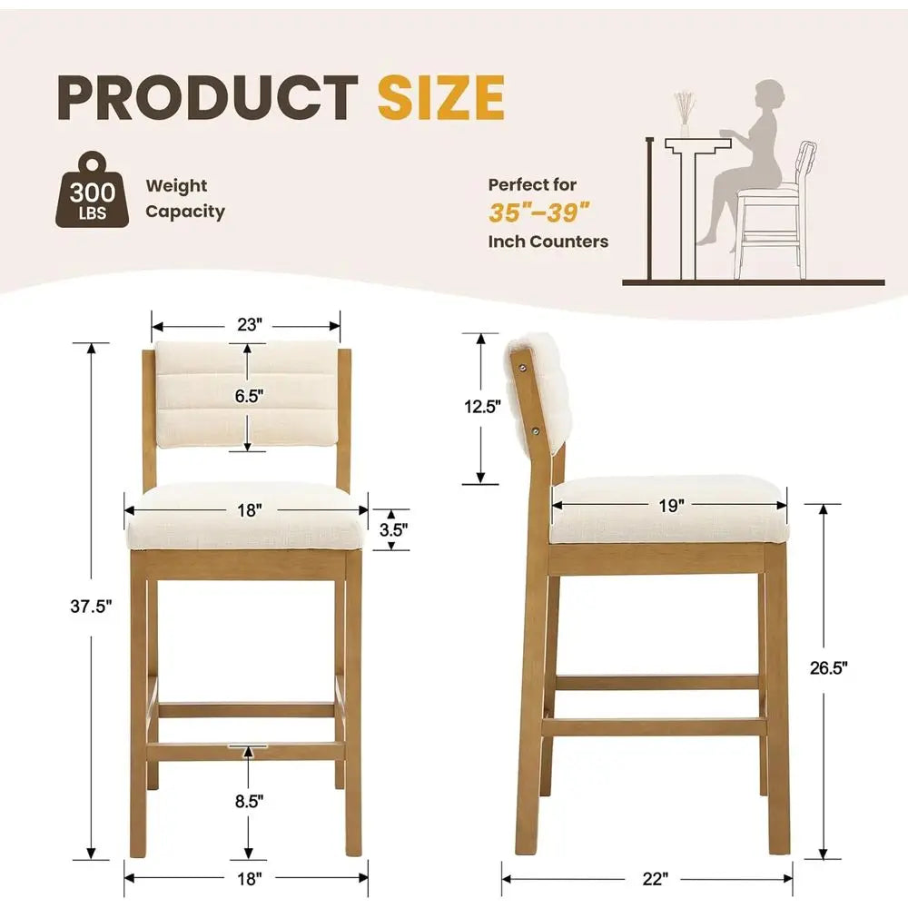 26" Bar Stools Set o 4 Counter Height Bar Stools or Kitchen Counter, ern Upholstered Barstools with Back and Wood Legs Linen Sto