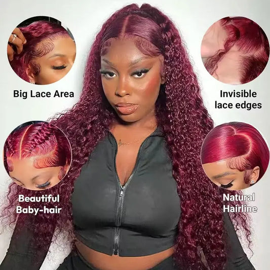 250% 13x4 HD Transparent 99J Burgundy Loose Wave Lace Front Wigs Deep Wave Frontal Wig Colored 99j Burgundy Deep Curly Lace Front Human Hair Wigs Preplucked For Women