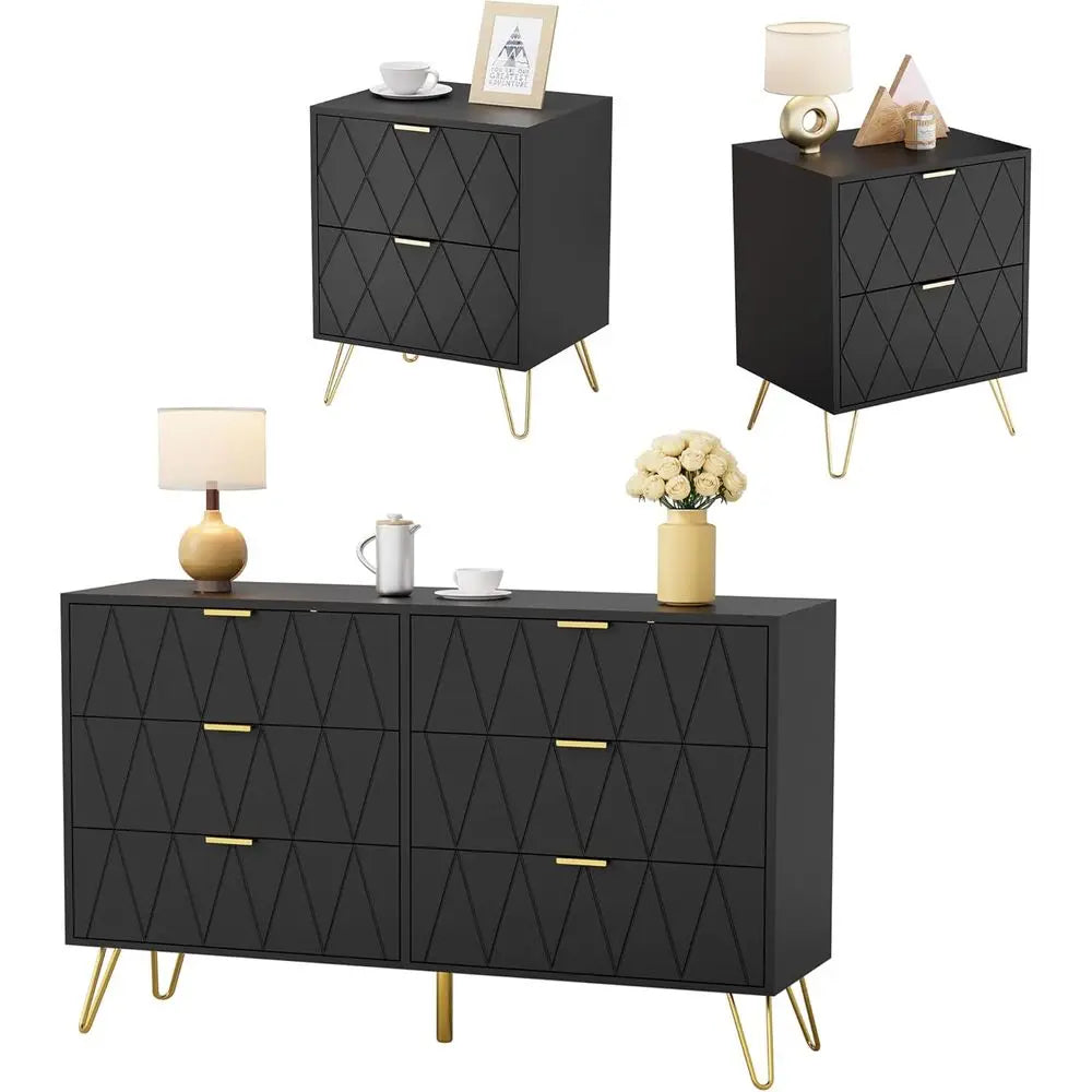 Three Piece Bedroom Furniture Set With Dresser And Nightstands
