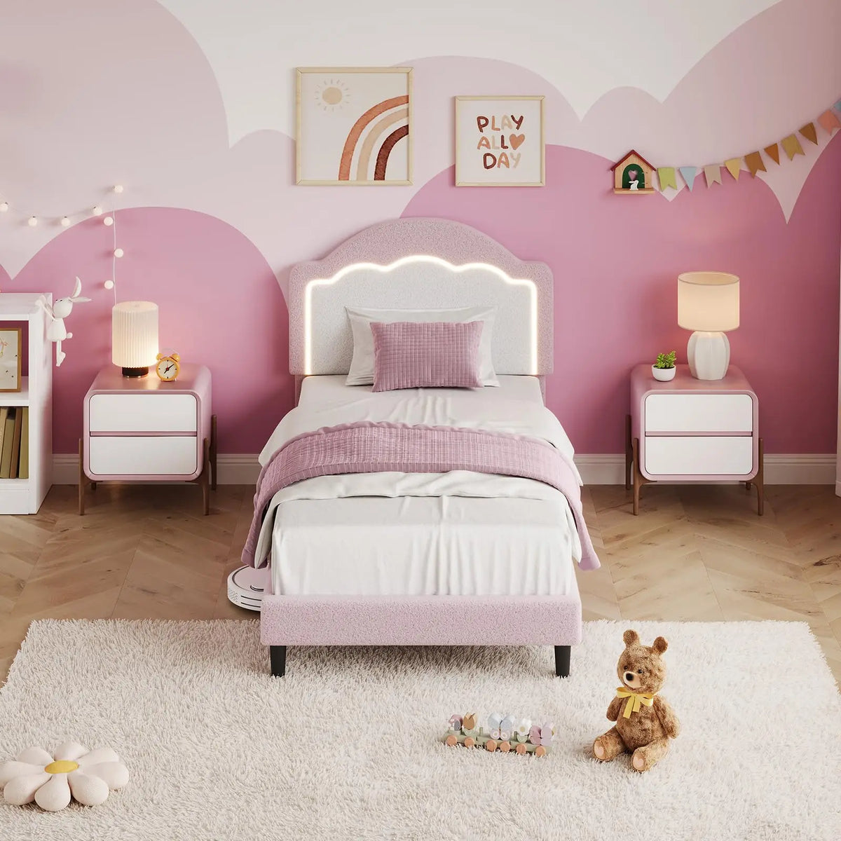Kids Upholstered Platform Bed With LED Headboard And Wood Slats